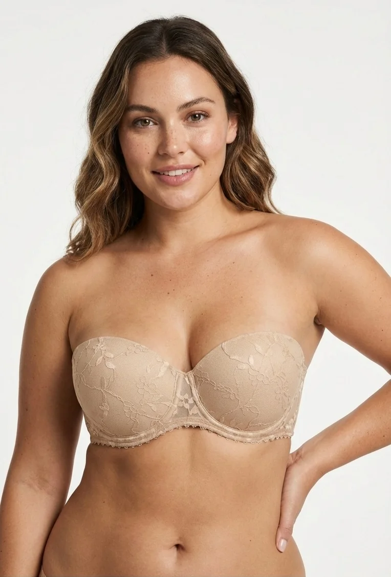 LunaIntim Cappuccino Rengi Dantel Kaplı Straplez Tenle Bütünleşen Nude Sütyen - Son Görünüm